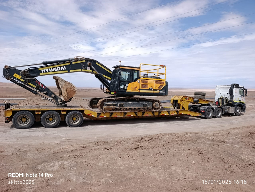 Excavadora trasladada en cama baja